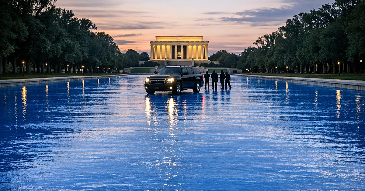 Trumo Pool Trump Drives Across Drained Reflecting Pool for Blue Renovation